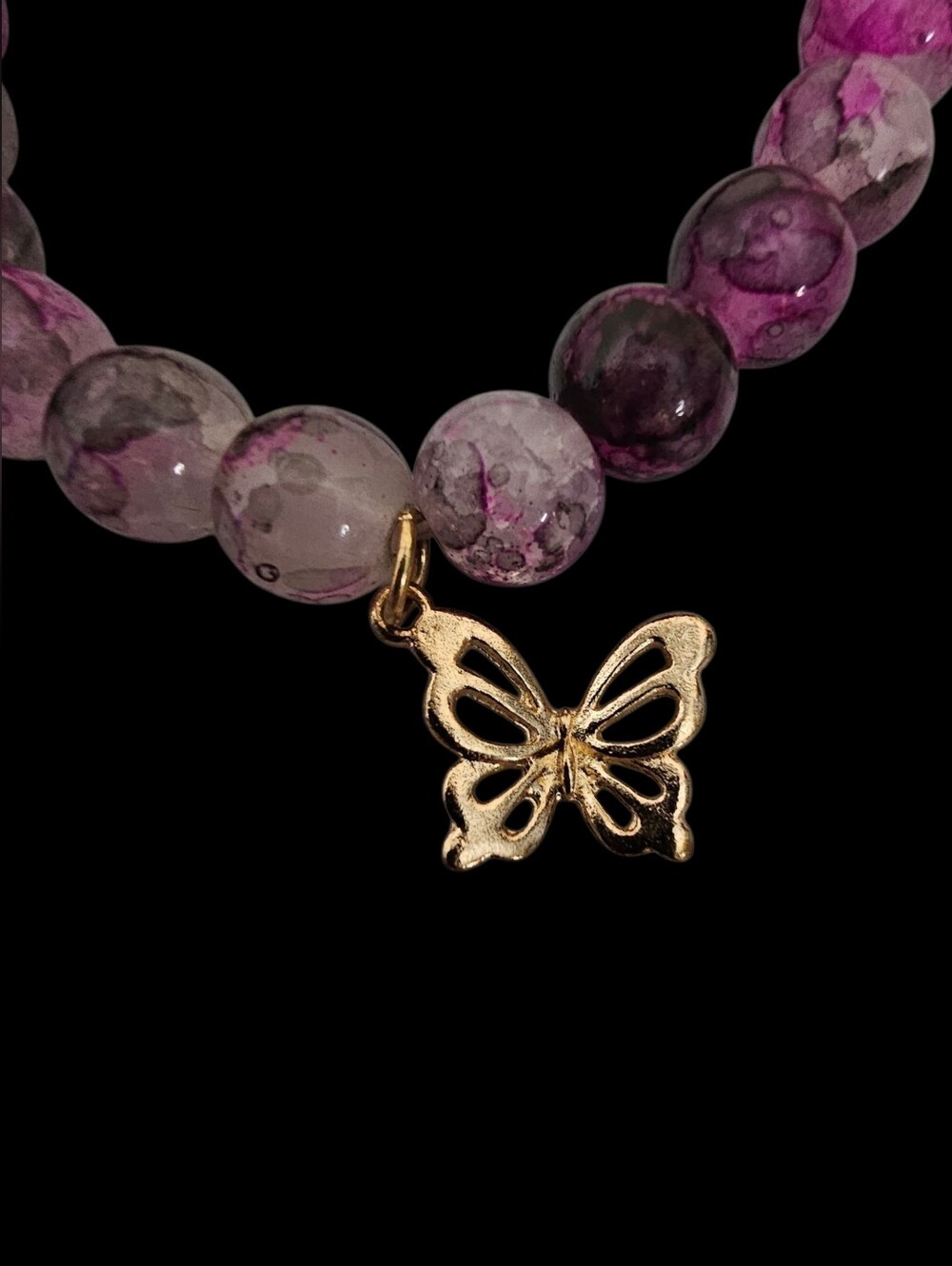 Gold Butterfly Charm Purple Bead Stretch Bracelet - NWOT - Picture 2 of 4